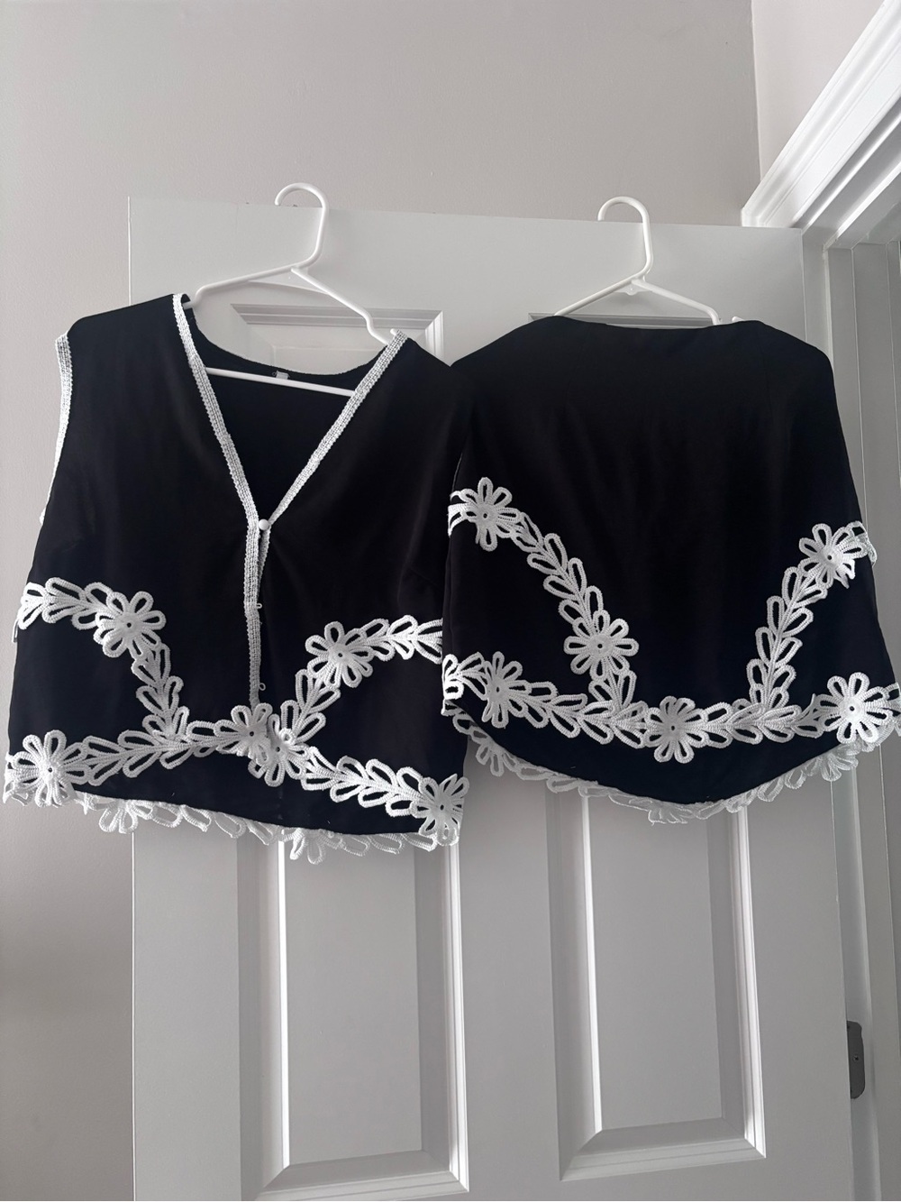 Black vest Top with White Floral Trim - V-Neck Women's Top